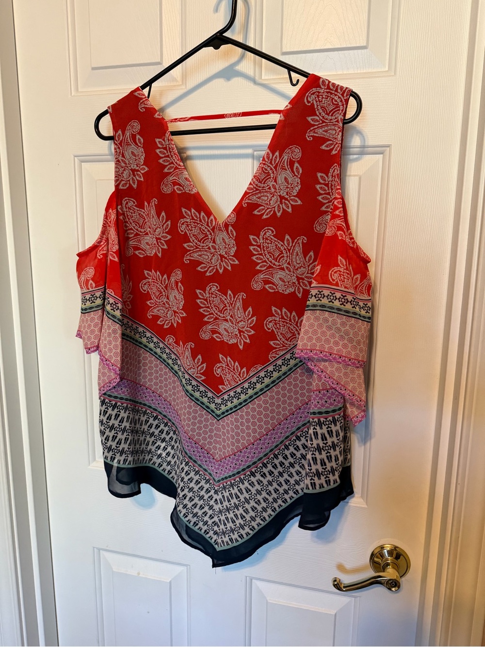 DR2 Red Floral V-Neck Tiered Cold Shoulder Top
